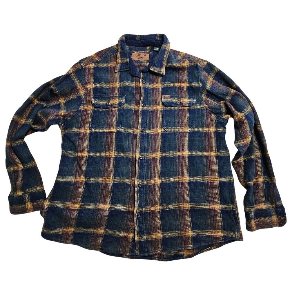 Orvis Mens XXL Heavyweight Plaid Flannel Shacket Fleece Lined Collar Navy Yellow